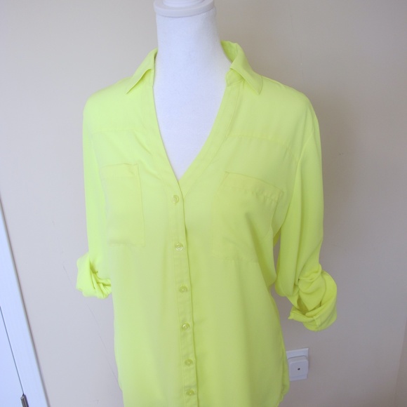 🔴🔴🔴SOLD🔴🔴🔴Express Women's Portofino Collared date night Shirt top Size S neon - Picture 2 of 7